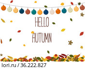 Postcard illustration with autumn foliage, garland and text hello autumn. Стоковая иллюстрация, иллюстратор Allika / Фотобанк Лори