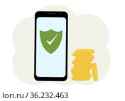 Antivirus software in the phone. There are many coins nearby. Стоковая иллюстрация, иллюстратор Allika / Фотобанк Лори