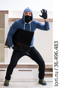 Man burglar stealing tv set from house. Стоковое фото, фотограф Elnur / Фотобанк Лори