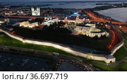 Kazan Kremlin at summer night with view of Kazanka River. Стоковое видео, видеограф Яков Филимонов / Фотобанк Лори