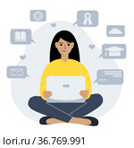Online education, self-study concept. A woman sits with a laptop on her lap and studies. Education related icons set. Стоковая иллюстрация, иллюстратор Allika / Фотобанк Лори