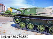 Russia, Verkhnyaya Pyshma, July 2021: heavy armored military equipment at the site of the Military Glory Museum of the Urals. Редакционное фото, фотограф Акиньшин Владимир / Фотобанк Лори