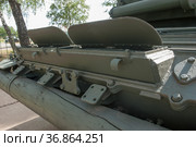 Фрагмент задней части нового российского основного танка Т-90А, полигон "Алабино" в парке "Патриот", Международный военно-технический форум "Армия-2019" Редакционное фото, фотограф Малышев Андрей / Фотобанк Лори