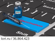 syringe and vaccine from covid-19 on laptop. 3D illustration. Стоковая иллюстрация, иллюстратор Ильин Сергей / Фотобанк Лори