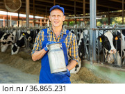 Smiling farmer standing in cowshed at dairy farm with milk churn. Стоковое фото, фотограф Яков Филимонов / Фотобанк Лори