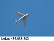 Moscow Russia Zhukovsky Airfield 31 August 2019: Demonstration of the Russian MiG-15 Bis 1120 (Fagot) the international aerospace salon MAKS-2019. Редакционное фото, фотограф Фотограф / Фотобанк Лори