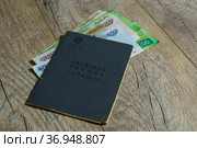 Советская трудовая книжка с надписями на русском и карельском языках и наличные денежные рублевые купюры. Стоковое фото, фотограф Sergei Gorin / Фотобанк Лори