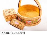 Basket of birch bark, casket, barrette in rustic style. Стоковое фото, фотограф Евгений Ткачёв / Фотобанк Лори