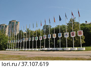 Флагштоки с флагами России, Москвы, Северо-Восточного административного округа и его 17 районов. Парк «Акведук». Район Ростокино. Город Москва (2012 год). Редакционное фото, фотограф lana1501 / Фотобанк Лори