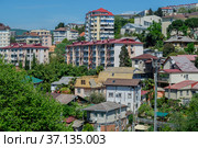 Сочи, городская застройка, вид с Верещагинского (Светлановского) моста на улицу Комсомольская (2021 год). Стоковое фото, фотограф glokaya_kuzdra / Фотобанк Лори