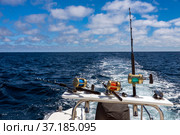 Корма рыболовной лодки с тремя спиннингами во время морского троллинга. Стоковое фото, фотограф Олег Елагин / Фотобанк Лори