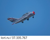 Moscow Russia Zhukovsky Airfield 31 August 2019: Demonstration of the Russian MiG-15 Bis 1120 (Fagot) the international aerospace salon MAKS-2019. Стоковое фото, фотограф Фотограф / Фотобанк Лори