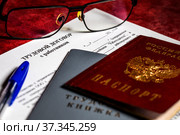 Паспорт и трудовая книжка сотрудника, пустой бланка трудового договора с работником лежат на столе. Стоковое фото, фотограф Николай Винокуров / Фотобанк Лори
