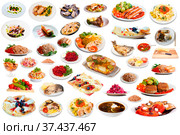 View of many plates with tasty food over white background. Стоковое фото, фотограф Яков Филимонов / Фотобанк Лори