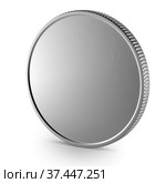 Blank template for a silver coin or medal with a metallic texture. The coin is turned sideways. 3D rendering. Стоковая иллюстрация, иллюстратор Alexander / Фотобанк Лори