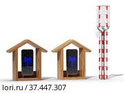 Mobile phones next to a cell tower. Mobile internet concept. Wireless internet in the house. 5d. 3d render. Стоковая иллюстрация, иллюстратор Alexander / Фотобанк Лори