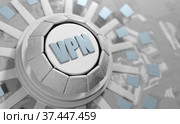 VPN concept illustration. VPN lettering on white tech podium. Abstract electrical circuit. 3D rendering. Стоковая иллюстрация, иллюстратор Alexander / Фотобанк Лори