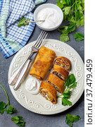 Crepes with meat and egg. Traditional Russian cuisine. Стоковое фото, фотограф Марина Сапрунова / Фотобанк Лори