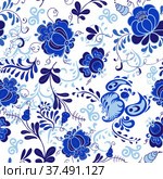 Vector amazing patterns of flowers and birds in Gzhel style. Стоковая иллюстрация, иллюстратор Смирнова Ирина / Фотобанк Лори