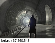 Black and white 3d illustration of a man wearing hat and coat standing on a station platform. Стоковая иллюстрация, иллюстратор Вероника Суровцева / Фотобанк Лори