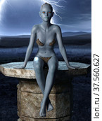 Female Alien creature sitting on a stone platform on stormy night background 3d render. Стоковая иллюстрация, иллюстратор Вероника Суровцева / Фотобанк Лори