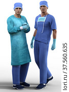 Young handsome surgeons in special outfit isolated on white 3d render. Стоковая иллюстрация, иллюстратор Вероника Суровцева / Фотобанк Лори