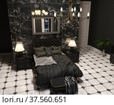Luxury goth bedroom interior in black and white 3d render. Стоковая иллюстрация, иллюстратор Вероника Суровцева / Фотобанк Лори