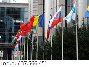 Флаги европейских государств перед зданием Европейского Парламента (2007 год). Стоковое фото, фотограф Александр Гаценко / Фотобанк Лори