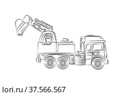 Excavator, side view. Commercial vehicles. Heavy special transport for construction works. Wheeled powerful excavator for digging pits, trenches. Construction business. Sketch, linear drawing. Экскаватор, вид сбоку. Коммерческие автомобили. Тяжелый спецтранспорт для строительных работ. Колесный мощный экскаватор для рытья котлованов, траншей. Строительный бизнес. Эскиз, линейный рисунок. Стоковая иллюстрация, иллюстратор Dmitry Domashenko / Фотобанк Лори