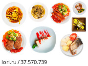 View of many plates with different food over white background. Стоковое фото, фотограф Яков Филимонов / Фотобанк Лори