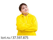 Studio shot of young 12 year old girl in sports hoodie, white background. Стоковое фото, фотограф Дарья Трофимова / Фотобанк Лори