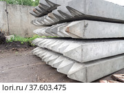 Reinforced concrete piles for stockpiled in anticipation of a foundation on soft soils. Стоковое фото, фотограф Дмитрий Коростылев / Фотобанк Лори