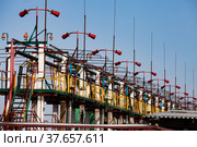 Railway filling station or terminal on oil refinery plant. Anti-fire system. Close up. Blue sky background. Kazakhstan, Taraz city. Стоковое фото, фотограф Alexey Rezvykh / Фотобанк Лори