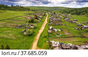 Южный Урал, Башкортостан, поселок Шанский. Вид с воздуха. Southern Urals, Bashkortostan, Shansky village. Aerial view (2020 год). Стоковое фото, фотограф Евгений Романов / Фотобанк Лори