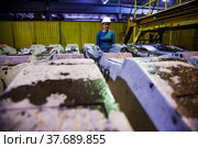 Temirtau, Kazakhstan - June 09, 2012: Concrete sleepers manufacturing plant NORD Prom NS. Young worker woman in white hardhat and the pouring machine. Редакционное фото, фотограф Alexey Rezvykh / Фотобанк Лори