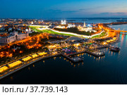 Aerial view of evening Kazan Kremlin and the Volga river embankment. Kazan. Russia. Стоковое фото, фотограф Яков Филимонов / Фотобанк Лори
