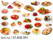 View of many plates with tasty food over white background. Стоковое фото, фотограф Яков Филимонов / Фотобанк Лори
