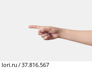 Pointing woman right hand isolated on white. Стоковое фото, фотограф Ярослав Данильченко / Фотобанк Лори