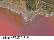 High angle drone view of pink lake where salt is extracted, Sasyk Sivash lake in Crimea (2020 год). Стоковое фото, фотограф Кирилл Трифонов / Фотобанк Лори