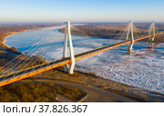 Aerial view of the cable-stayed Murom bridge over the Oka river. Стоковое фото, фотограф Яков Филимонов / Фотобанк Лори