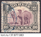 Африканский пейзаж с двумя верблюдами-дромадерами (Camelus dromedarius), король Португалии Карлуш I. Почтовая марка Ньяса 1901 года. Редакционная иллюстрация, иллюстратор александр афанасьев / Фотобанк Лори