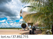 Transatlantic Boeing 777 in a parking lot in the Dominican Republic (2021 год). Редакционное фото, фотограф Дмитрий Брусков / Фотобанк Лори