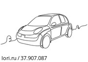 Автомобиль нарисован одной линией. Быстрая доставка на автомобиле. Небольшой городской автомобиль в стиле минимализма. Контур, нарисованный вручную. Continuous One Line drawing of Car. Fast delivery on automobile. Abstract small urban vehicle in minimalism style. Hand drawn contour. Стоковая иллюстрация, иллюстратор Dmitry Domashenko / Фотобанк Лори