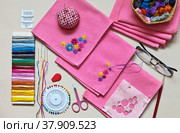 Needlework. The process of embroidery floral pattern on pink kitchen napkins. Accessories for embroidery: needles, pins, set of colored mouline threads, a needle threader and scissors. Стоковое фото, фотограф Виктория Катьянова / Фотобанк Лори