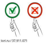 Hand holding round frame or card on handle. Mark X and Mark V. Red Cross sign. Green Tick sign. Yes and No icons for website or application, web banner, poster. Sketch, editable linear contour drawing. Рука держит круглую рамку или карточку на ручке. Знак Красного Креста. Знак Зеленой галочки. Иконки Да и Нет для веб-сайта или приложения, веб-баннера, плаката. Эскиз, редактируемый линейный контурный рисунок. Стоковая иллюстрация, иллюстратор Dmitry Domashenko / Фотобанк Лори