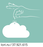 Hand holds simple shopping tag in form of cloud. Sales design element, store decoration, price frame, advertising of goods, banner message for online store promotion. Online internet shopping concept. Рука держит простую торговую бирку в виде облака. Элемент дизайна продаж, оформление магазина, ценовая рамка, реклама товаров, баннерное сообщение для продвижения интернет-магазина. Концепция онлайн-покупок в интернете. Стоковая иллюстрация, иллюстратор Dmitry Domashenko / Фотобанк Лори