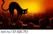 Horizontal banner for the October terrible holiday. Elements, symbols of Halloween hand-drawn isolated on black. Moon, ghosts, pumpkins, web, spider for decoration invitations. Стоковая иллюстрация, иллюстратор Konstantin Plotnikov / Фотобанк Лори