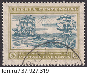 Первые колонисты высаживаются на африканский берег в 1822 году. Почтовая марка Либерии 1923 года. Редакционная иллюстрация, иллюстратор александр афанасьев / Фотобанк Лори