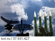 Air defense radars of military mobile anti aircraft systems and modern Russian anti aircraft missiles OSA-AKM on background clouds and sky,Russia. Стоковое фото, фотограф Владимир Журавлев / Фотобанк Лори