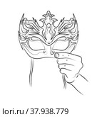 Hand holds mask. Concept of changing natural personality to conform to social requirements and pressure. People hiding faces behind social masks with fake emotions. Psychological problem. Sketch. Рука держит маску. Концепция изменения естественной личности в соответствии с социальными требованиями и давлением. Люди прячут лица за социальными масками с фальшивыми эмоциями. Психологическая проблема. Эскиз. Стоковая иллюстрация, иллюстратор Dmitry Domashenko / Фотобанк Лори